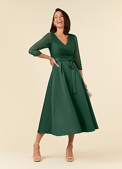 Azazie Maritza Mother of the Bride Dresses Dark Green A-Line Pleated Matte Satin Dress image1