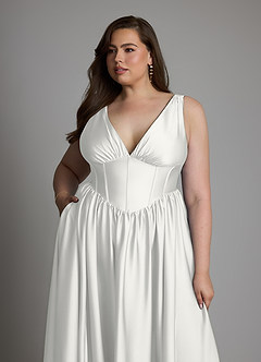 Azazie Delmie Abiti da Damigella Abito A-Line in Raso Elasticizzato Corsetto Bianco image12