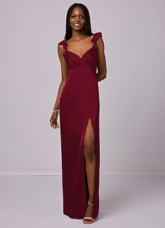 Barbie ♥ Azazie Robes de demoiselle d'honneur Robe Fourreau en Satin extensible Bourgogne image4