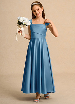 Azazie Bundle Girls Formal Flower Girl Dresses Steel Blue A-Line Pleated Matte Satin Dress image4