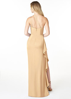 Azazie Latrice Bridesmaid Dresses Champagne Sheath One Shoulder Cascading Ruffles Stretch Satin Dress image2
