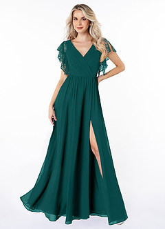 Azazie Zella Bridesmaid Dresses Peacock A-Line Lace Chiffon Dress image1