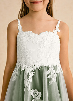 Azazie Coraline Flower Girl Dresses Ivory Olive A-Line Lace Dress image6