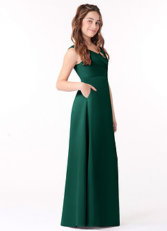 Azazie Sadia Junior Emerald A-Line Pleated Stretch Satin Dress image2