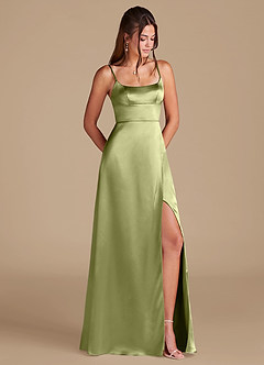 Azazie Halsey Bridesmaid Dresses Pistachio A-Line Side Slit Metallic Satin Dress image1
