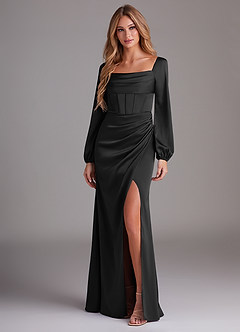 Azazie Charissa Bridesmaid Dresses Black Sheath Long Sleeve Stretch Satin Dress image4