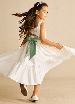Azazie Ettie Flower Girl Dresses Ivory Matcha A-Line Bow Cotton Dress image3