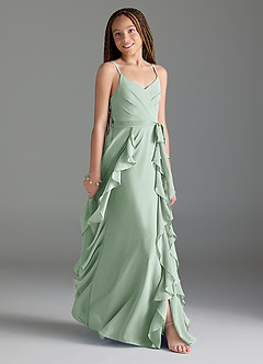 Azazie Peyton Junior Agave A-Line V-Neck Cascading Ruffles Chiffon Dress image3