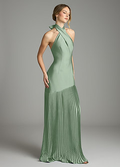 Azazie Nayeli Jurken voor bruidsmeisjes Jurk van Stretch Satijn met A-Lijn Geplooid Matcha image5