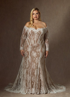 Azazie Katherine Wedding Dresses Diamond White Cocoa Mermaid Off the Shoulder Tulle Dress image11