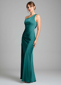 Azazie Madelyn Robes de demoiselle d'honneur Robe Sirène Convertible en Satin extensible Une épaule Paon image6