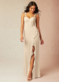 Azazie Camellia Bridesmaid Dresses Champagne Sheath Lace Chiffon Dress image1