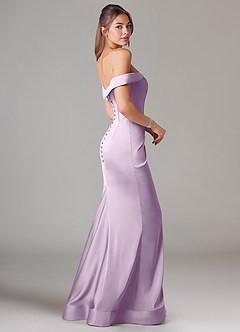 Azazie Everly At-home Try On Dresses Amethyst Mermaid Off the Shoulder Stretch Satin Convertible Dress image4