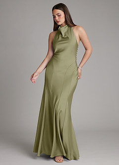 Azazie Sahara Final Sale Agave A-Line Pleated Stretch Satin Dress image6