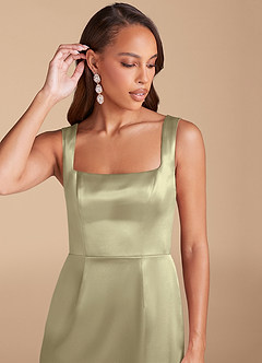 Azazie Flori Bridesmaid Dresses Moss Green Sheath Side Slit Metallic Satin Dress image1