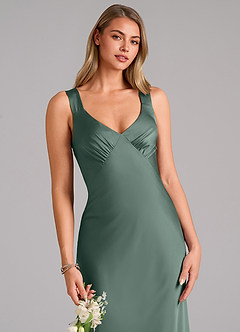 Azazie Kamila Abiti da Damigella Abito A-Line in Raso Elasticizzato Plissettato Muschio Marino image7