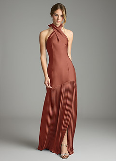 Azazie Nayeli Jurken voor bruidsmeisjes Jurk van Stretch Satijn met A-Lijn Geplooid Kastanjebruin image1