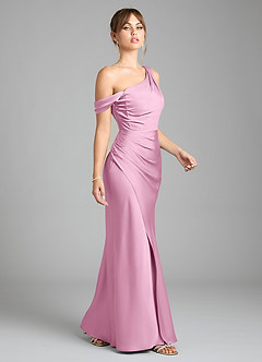 Azazie Madelyn Bridesmaid Dresses Candy Pink Mermaid One Shoulder Stretch Satin Convertible Dress image5