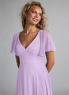Azazie Induh Robes de demoiselle d'honneur Robe Trapèze en Maille Col en V à volants Lilas image5