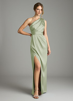 Azazie Emorie Bridesmaid Dresses Dusty Sage Sheath One Shoulder Stretch Satin Dress image1