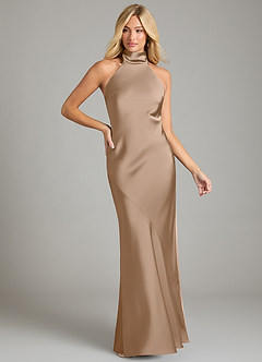 Azazie Velli Bridesmaid Dresses Taupe Mermaid High Neck Stretch Satin Dress image3