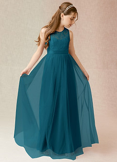 Azazie Georgette Junior Ink Blue A-Line Lace Tulle Dress image1