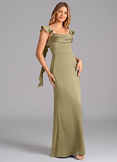 Azazie Adi Bridesmaid Dresses Moss Green A-Line Pleated Stretch Satin Dress image3