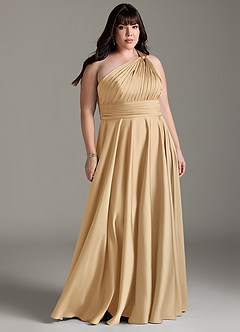 Azazie Charlize Bridesmaid Dresses Gold A-Line One Shoulder Stretch Satin Dress image1