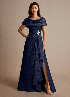 Azazie Branford Mother of the Bride Dresses Dark Navy A-Line Pleated Floral Burnout Dress image1