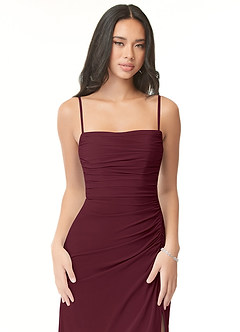 Azazie Darria Vestidos de damas de honor Vestido de Cabernet de Chifón elástico de Corte Recto Convertible con Escote Cuadrado Plisado image5