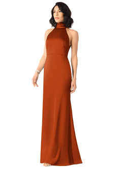 Azazie x Delaney Bridesmaid Dresses Burnt Orange Sheath High Neck Stretch Satin Dress image2