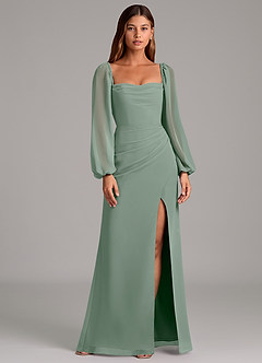 Azazie Brixley Bridesmaid Dresses Silver Sage Mermaid Long Sleeve Chiffon Dress image1