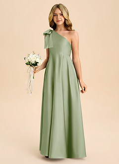 Azazie Penguin Junior Dusty Sage A-Line Bow Stretch Satin Dress image5