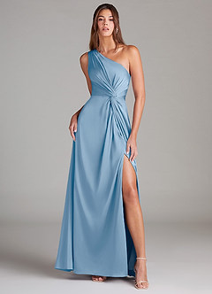Azazie Brooke Bridesmaid Dresses Powder Blue A-Line One Shoulder Stretch Satin Dress image2