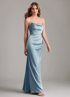 Azazie Lucille Vestidos de damas de honor Vestido de Azul Polvoriento de Satén Elástico de Corte Sirena Convertible con Sin tirantes image4
