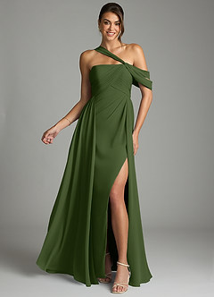 Azazie Kassandra 신부 들러리 드레스 A라인 오프 더 숄더 쉬폰 바닥 길이 드레스 image1