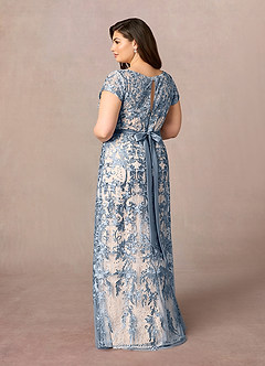 Azazie Dorit Mother of the Bride Dresses Dusty Blue Champagne Sheath Scoop Lace Dress image9