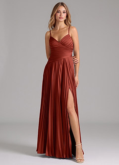 Azazie Vini Robes de demoiselle d'honneur Robe Trapèze en Satin extensible Plissée Terracotta image4