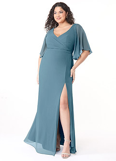 Azazie Cierra Brautjungfernkleider A-Linie V-Hals Chiffon Kleid Bermudablau image9