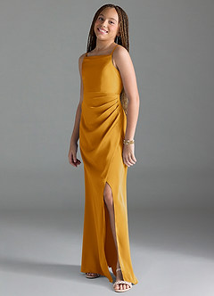Azazie Leonis Junior Butterscotch A-Line Pleated Stretch Satin Dress image4