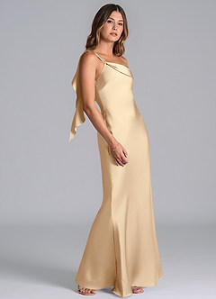 Azazie Driea Bridesmaid Dresses Champagne Mermaid One Shoulder Stretch Satin Dress image5