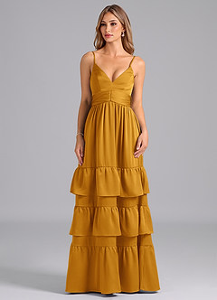 Azazie Nathalia Bridesmaid Dresses Butterscotch A-Line Pleated Stretch Satin Dress image3