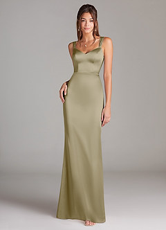 Azazie Denice Bridesmaid Dresses Moss Green Sheath Pleated Stretch Satin Dress image3
