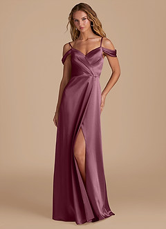 Azazie Ocean Bridesmaid Dresses Cabernet A-Line Off the Shoulder Metallic Satin Dress image3