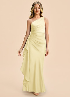 Azazie Holly Junior Lemon Sorbet Sheath Pleated Stretch Satin Dress image4
