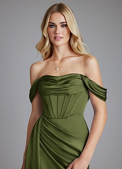 Azazie Amyra Bridesmaid Dresses Olive Mermaid Off the Shoulder Stretch Satin Convertible Dress image4