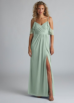 Azazie Fiena Bridesmaid Dresses Agave A-Line V-neck Ruched Mesh Dress image1