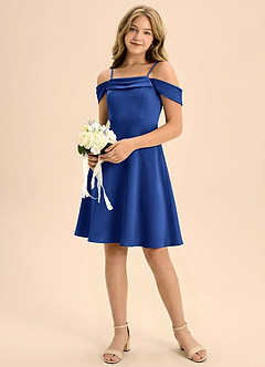 Azazie Anselie Junior Vestido de Azul Real de Satén Elástico de Corte en A con Plisado image1