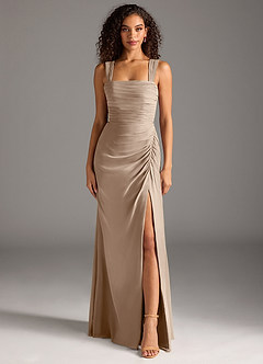 Azazie Jesaphine Bridesmaid Dresses Taupe Sheath Bow Chiffon Dress image5