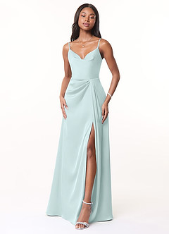 Azazie Brielle Bridesmaid Dresses Sea Glass A-Line Cowl Spaghetti Straps Stretch Satin Dress image1